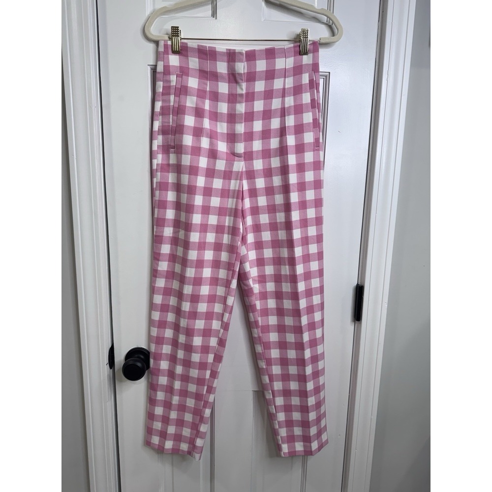 Zara Womens Pink White Gingham Check Ankle Pants Side Zip Stretch Size XS